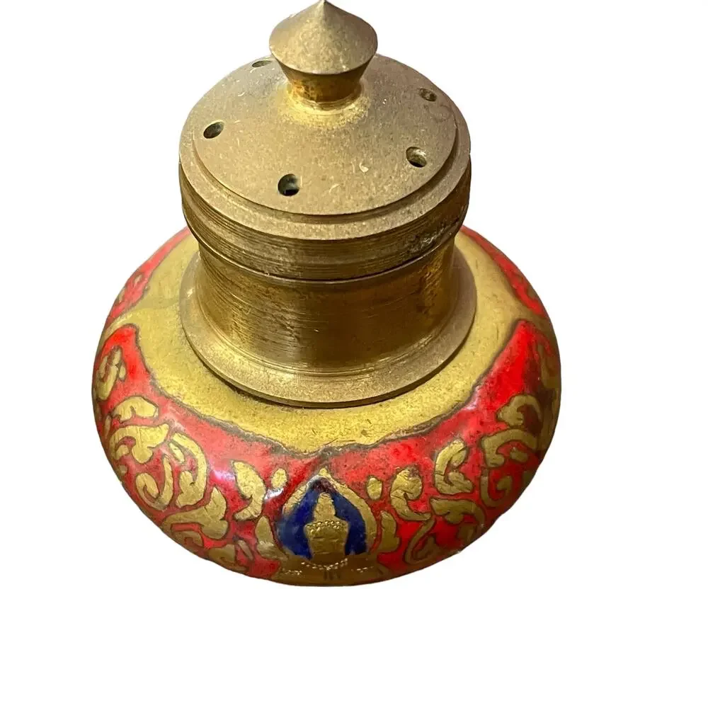 Vintage Brass Enamel Salt Pepper Asian Condiment Set Mid Century Thai Red Gold